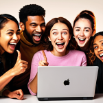 **A group of diverse people gathered around a laptop, excitedly pointing at a crowdfunding website displaying a project reaching its funding goal. Focus on expressions of joy and community.  Warm, inviting lighting.  Style: Digital illustration, vibrant colors.** (Captures the sense of community, achievement, and excitement around a successful crowdfunding campaign).