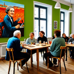 **

A vibrant scene depicting a crowdfunding event in a modern Warsaw cafe. People of various ages are engaged in conversations around tables displaying artwork and crafts. A folk band plays in the background. The atmosphere is lively and supportive, showcasing the community aspect of crowdfunding Polish art. Everyone is fully clothed in appropriate attire. Safe for work, appropriate content, professional, modest, perfect anatomy, natural proportions, high quality.

**