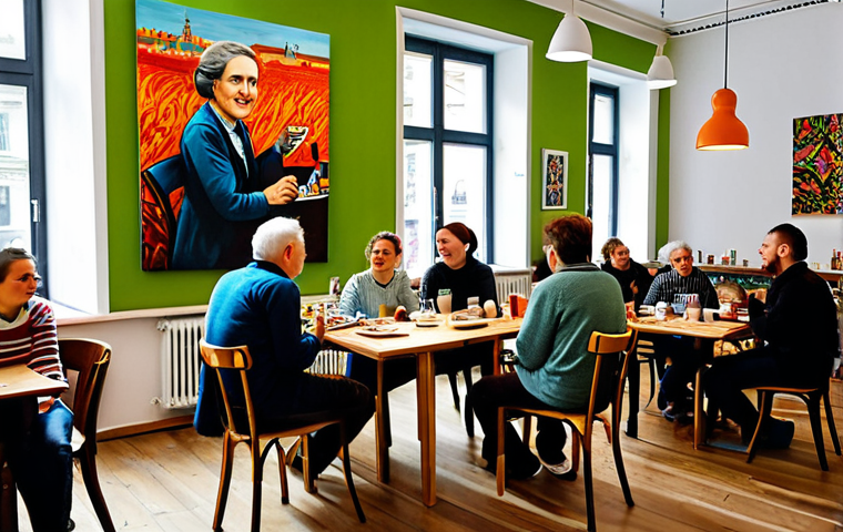 **

A vibrant scene depicting a crowdfunding event in a modern Warsaw cafe. People of various ages are engaged in conversations around tables displaying artwork and crafts. A folk band plays in the background. The atmosphere is lively and supportive, showcasing the community aspect of crowdfunding Polish art. Everyone is fully clothed in appropriate attire. Safe for work, appropriate content, professional, modest, perfect anatomy, natural proportions, high quality.

**